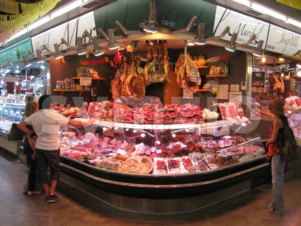 Red meat in butcher shop at market in Barcelona, Spain