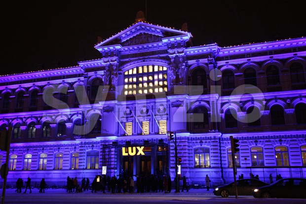 Artistically illuminated Ateneum at the Lux Helsinki 2016 festival in Helsinki, Finland.