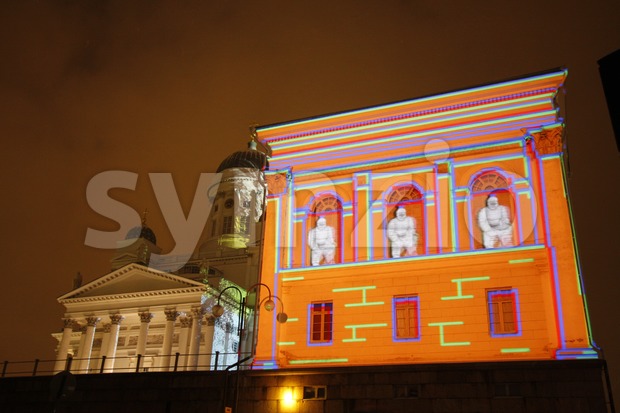 Shader's Megamap installation on the Helsinki Cathedral bell tower's wall at the Lux Helsinki 2016 festival.