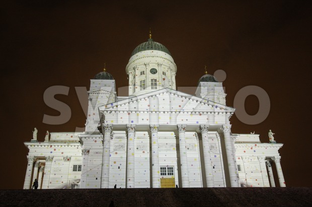 Artistically illuminated Helsinki Cathedral at the Lux Helsinki 2016 festival in Helsinki, Finland.