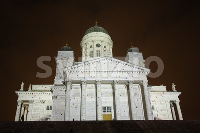 Artistic Lighting on Helsinki Cathedral at the Lux Helsinki 2016 Festival Stock Photo