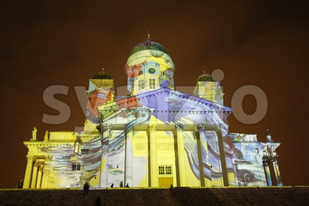 Artistic Lighting on Helsinki Cathedral at the Lux Helsinki 2016 Festival Stock Photo