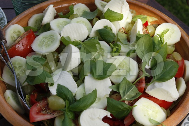 Fresh and healthy mixed salad, which ingredient includes for example lettuce, mozzarella, tomatoes, cucumbers...